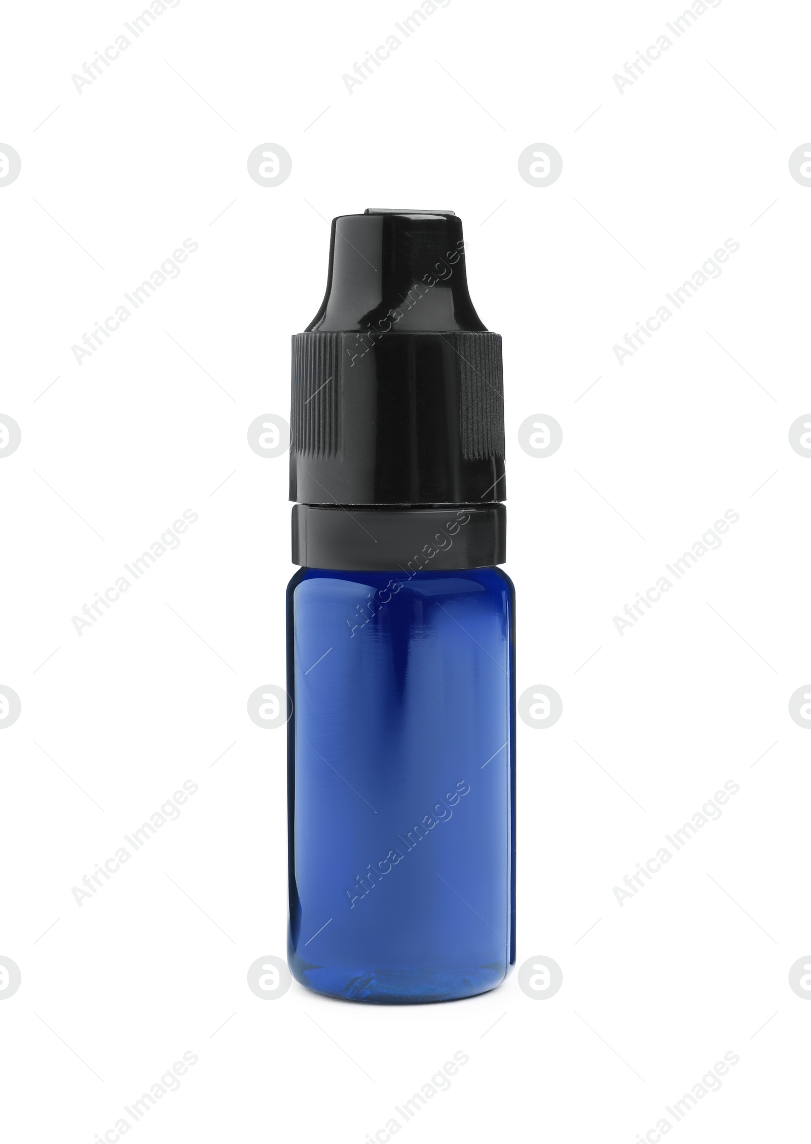 Photo of Bottle of blue food coloring on white background