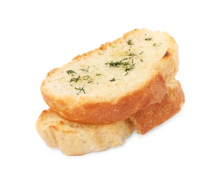 Photo of Pieces of tasty baguette with dill isolated on white