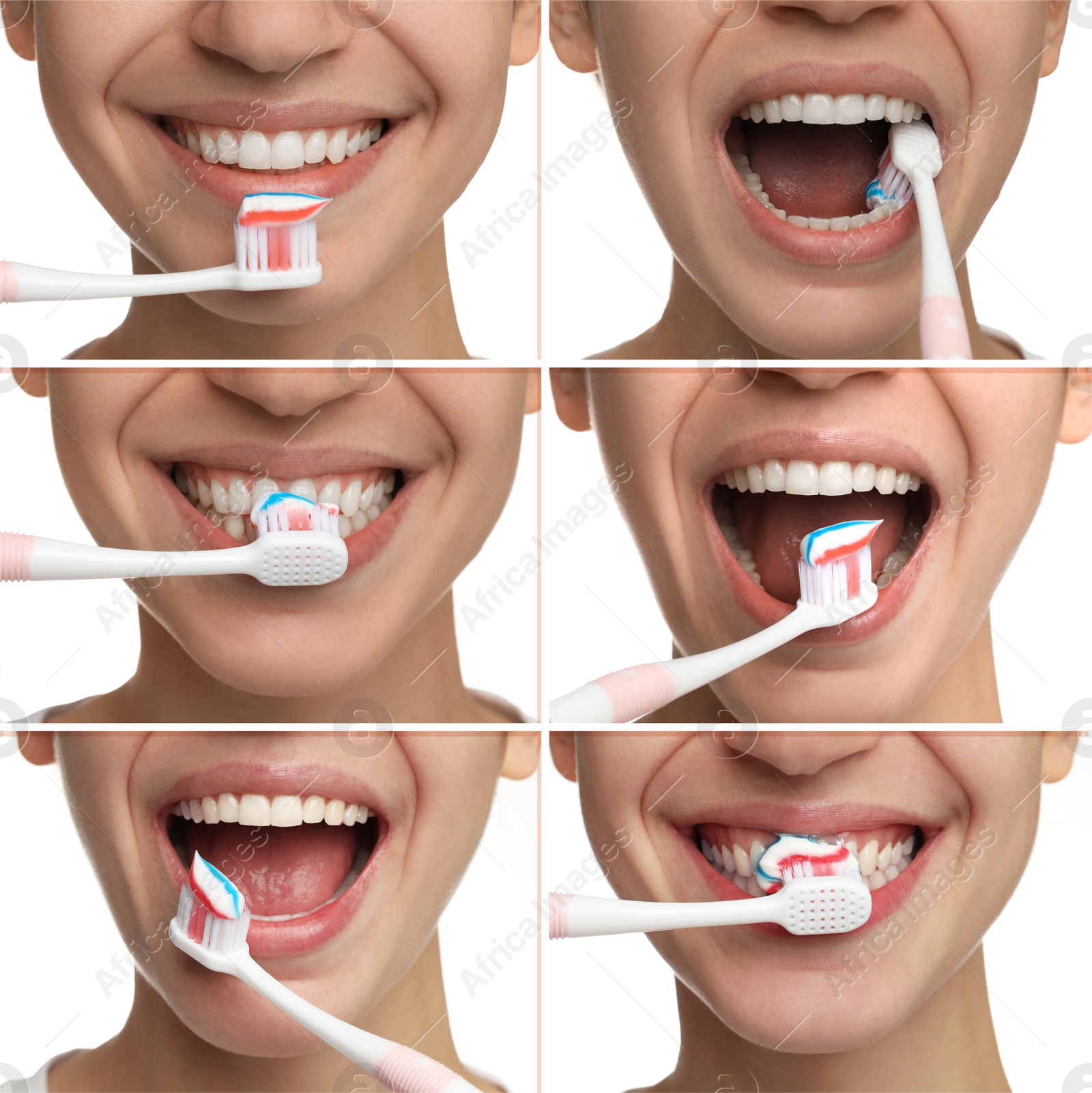 Image of Collage with photos of woman brushing teeth on white background, closeup. Dental care, step by step instructions