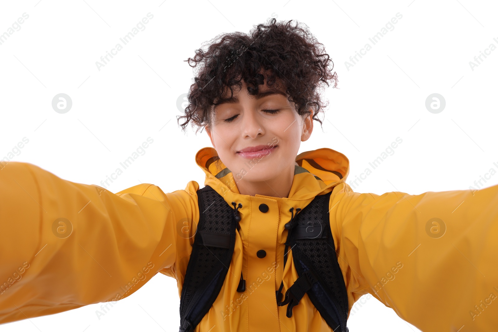 Photo of Beautiful woman taking selfie on white background