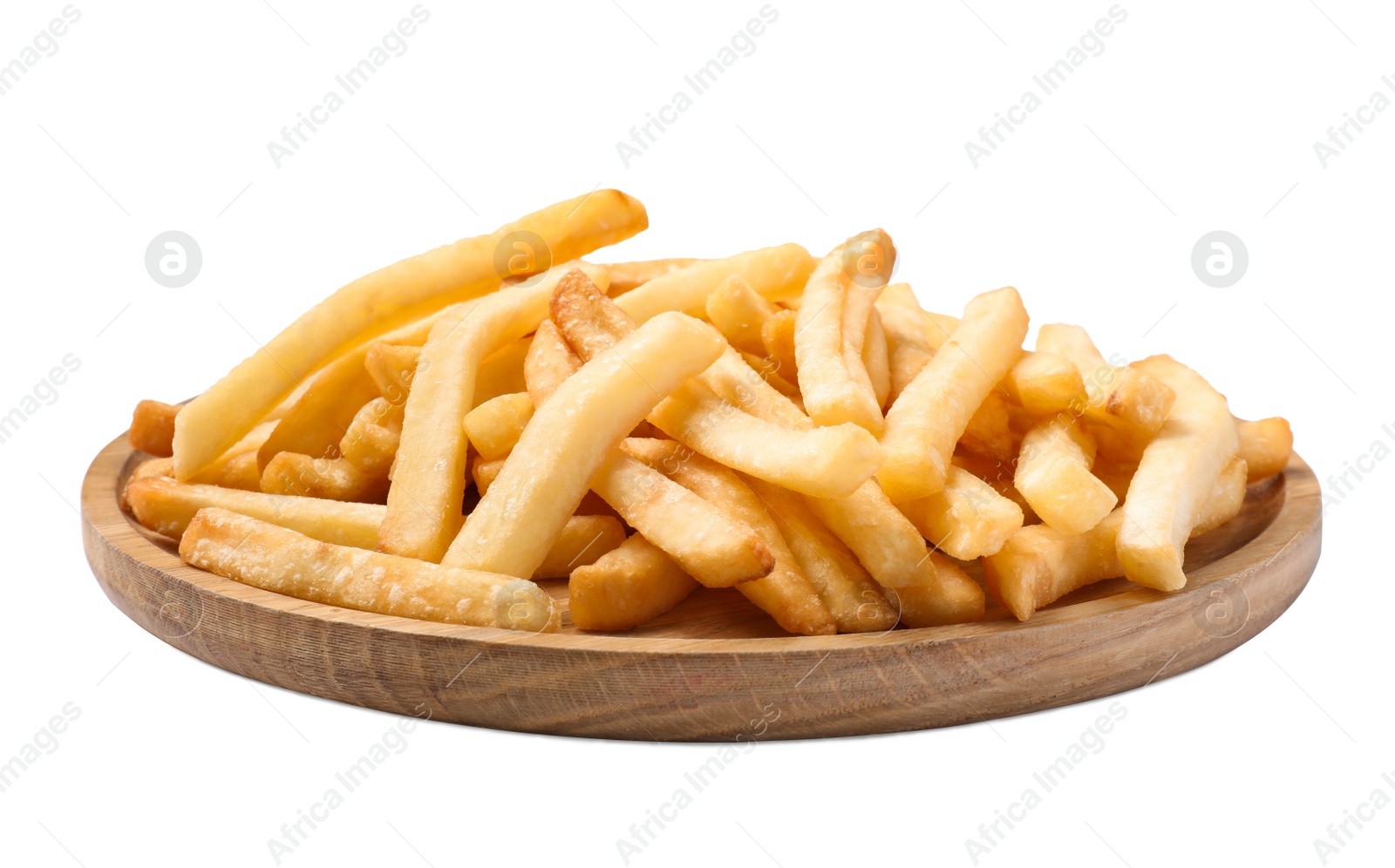 Photo of Wooden plate of delicious french fries on white background