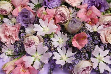 Different beautiful flowers on violet background, closeup