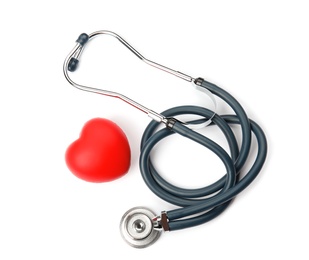 Red heart and stethoscope on white background, top view. Cardiology concept