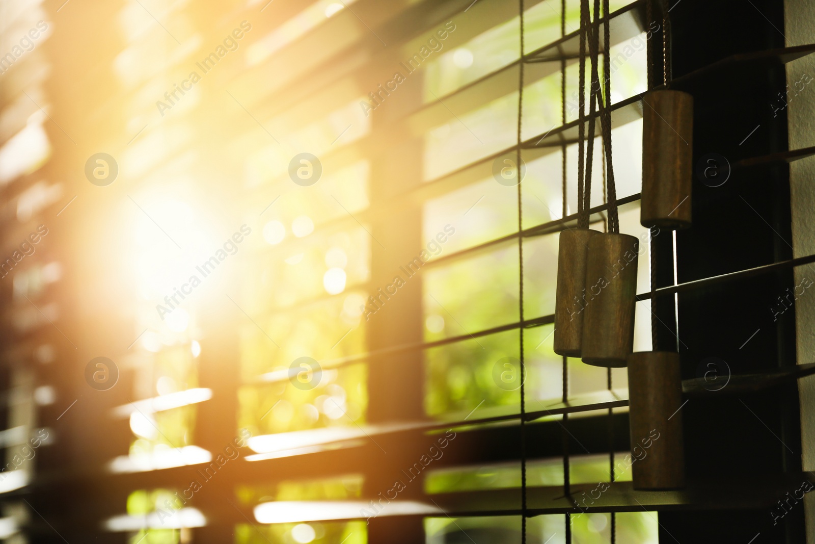 Image of Sun shining through window with blinds in morning, closeup