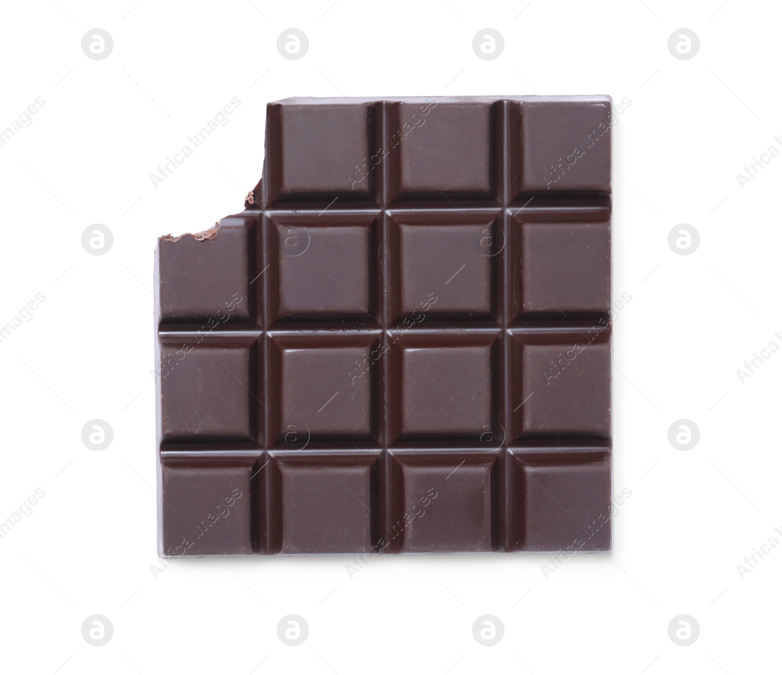 Photo of Delicious dark chocolate bar with bite mark isolated on white