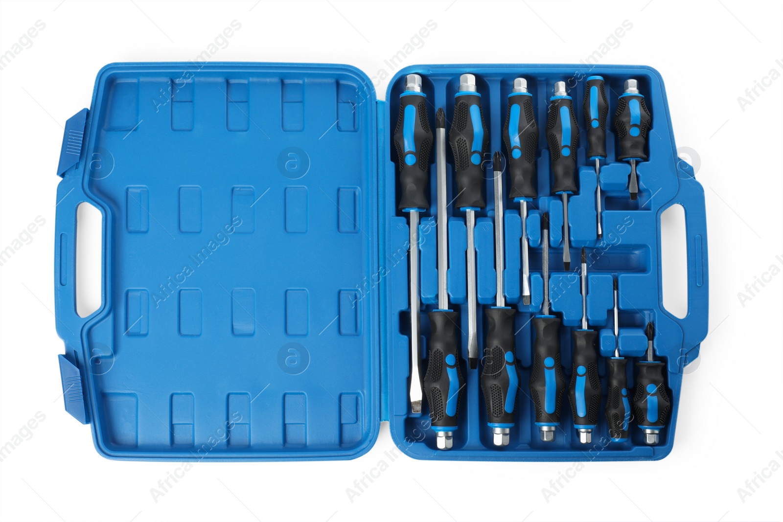 Photo of Set of screwdrivers in open toolbox isolated on white, top view
