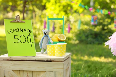 Photo of Decorated lemonade stand in park, space for text. Refreshing natural drink