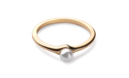 Photo of Elegant ring with pearl isolated on white