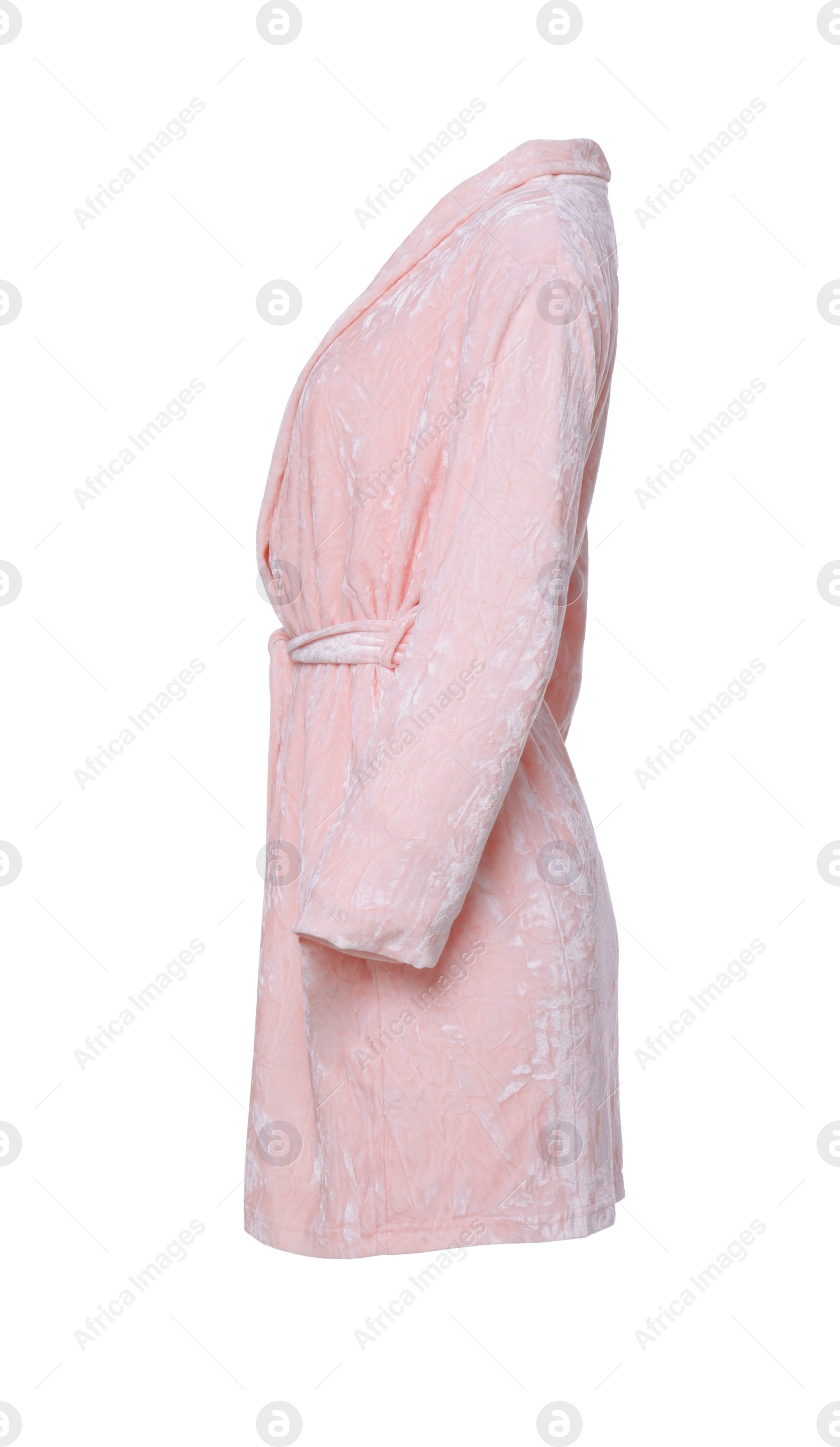 Image of Soft pink velour bathrobe isolated on white, side view