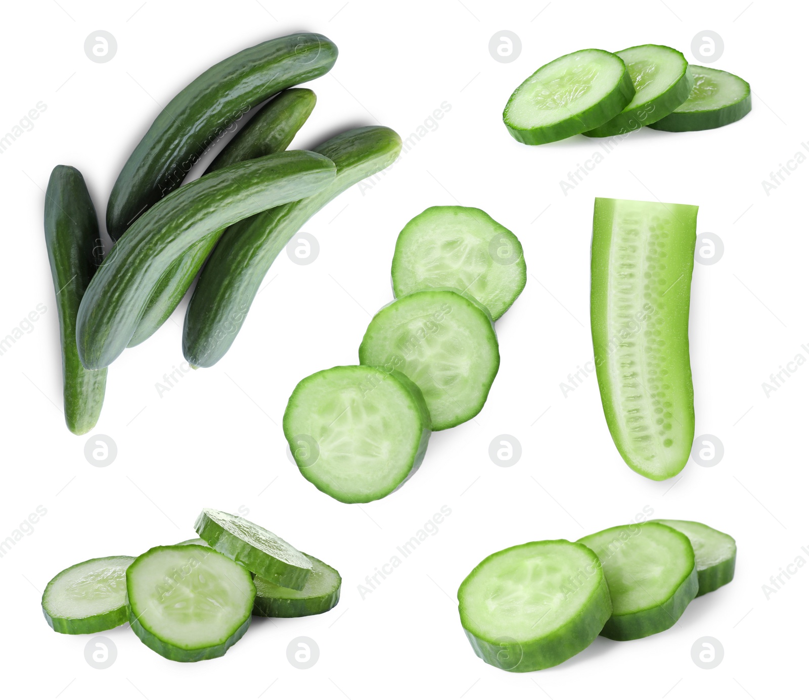 Set with whole and cut ripe cucumbers on white background Image of Set with whole and cut ripe cucumbers on white background