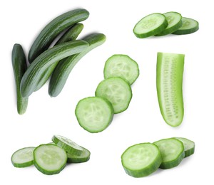 Image of Set with whole and cut ripe cucumbers on white background