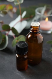 Photo of Bottles of eucalyptus essential oil and plant branches on grey table