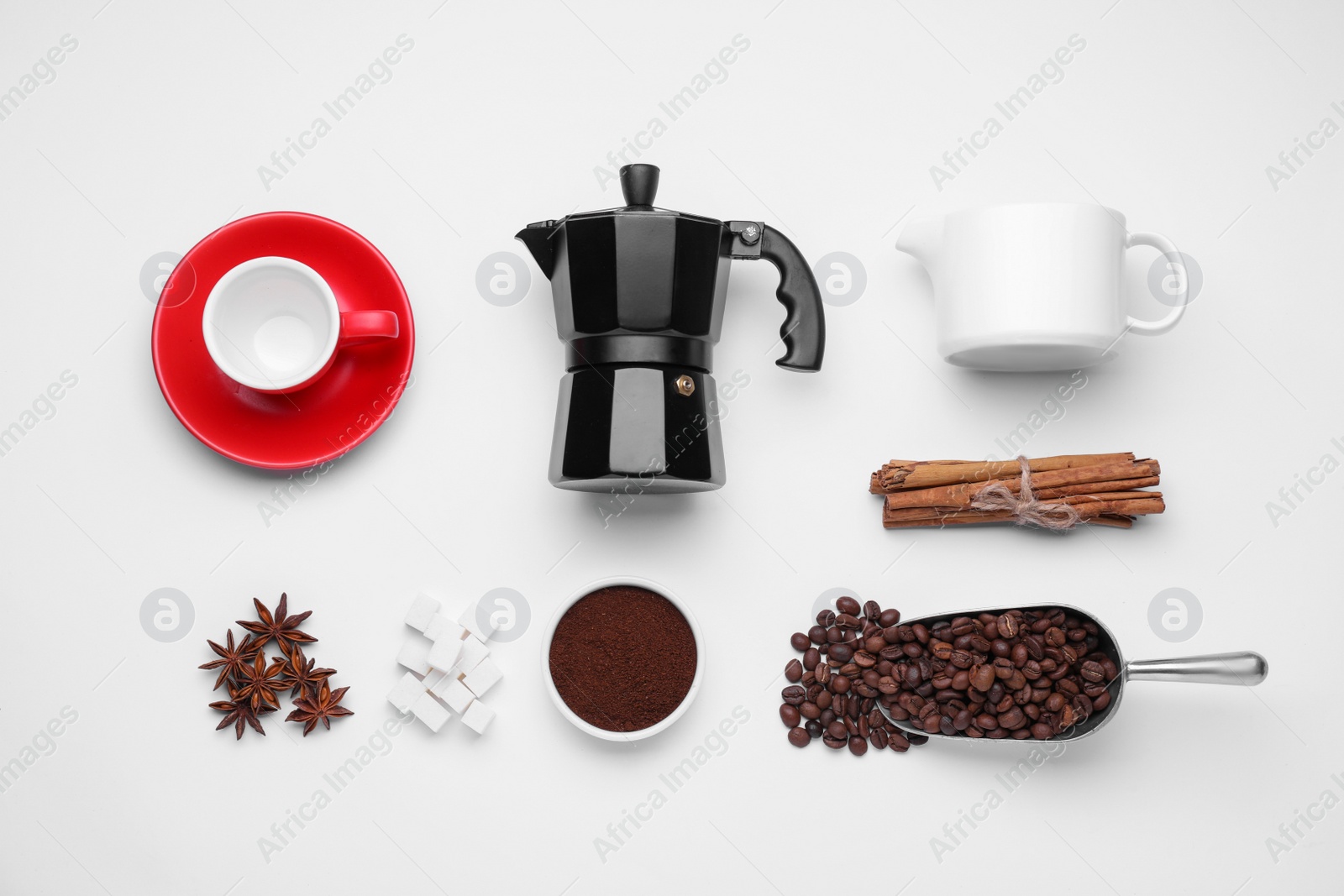 Photo of Flat lay composition with geyser coffee maker and roasted beans on white background