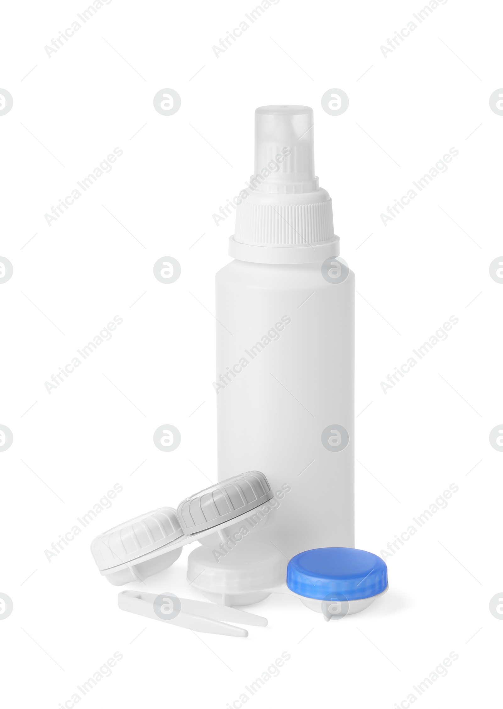 Photo of Cases with color contact lenses, bottle of cosmetic product and tweezers isolated on white