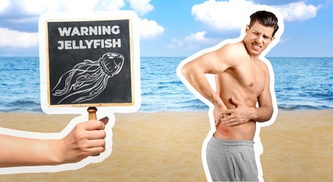 Beware of jellyfish. Injured man, woman holding small chalkboard on beach, banner design