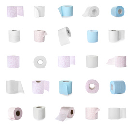 Image of Set with rolls of toilet paper on white background