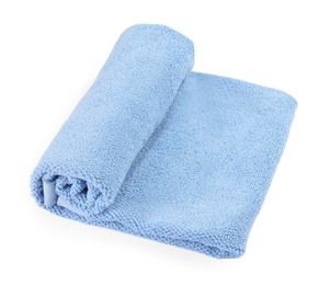 Photo of Light blue soft terry towel isolated on white