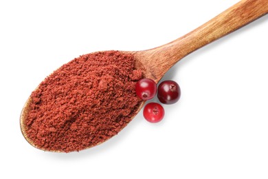 Photo of Wooden spoon with dried cranberry powder and fresh berries isolated on white, top view