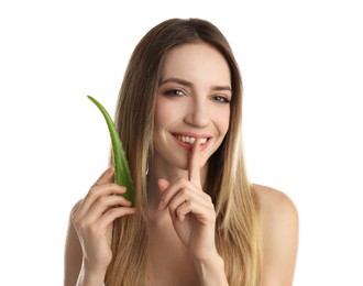 Photo of Happy young woman with aloe leaf on white background