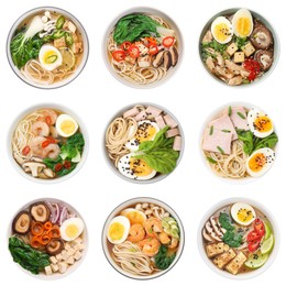 Image of Set with bowls of delicious ramen with different ingredients isolated on white, top view. Noodle soup