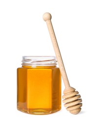 Photo of Tasty natural honey in glass jar and dipper isolated on white