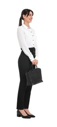Photo of Happy businesswoman with bag on white background