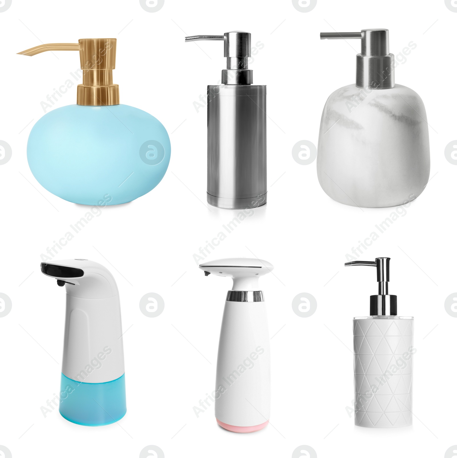 Image of Set of different soap dispensers on white background