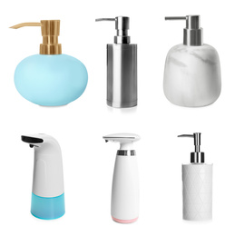 Set of different soap dispensers on white background