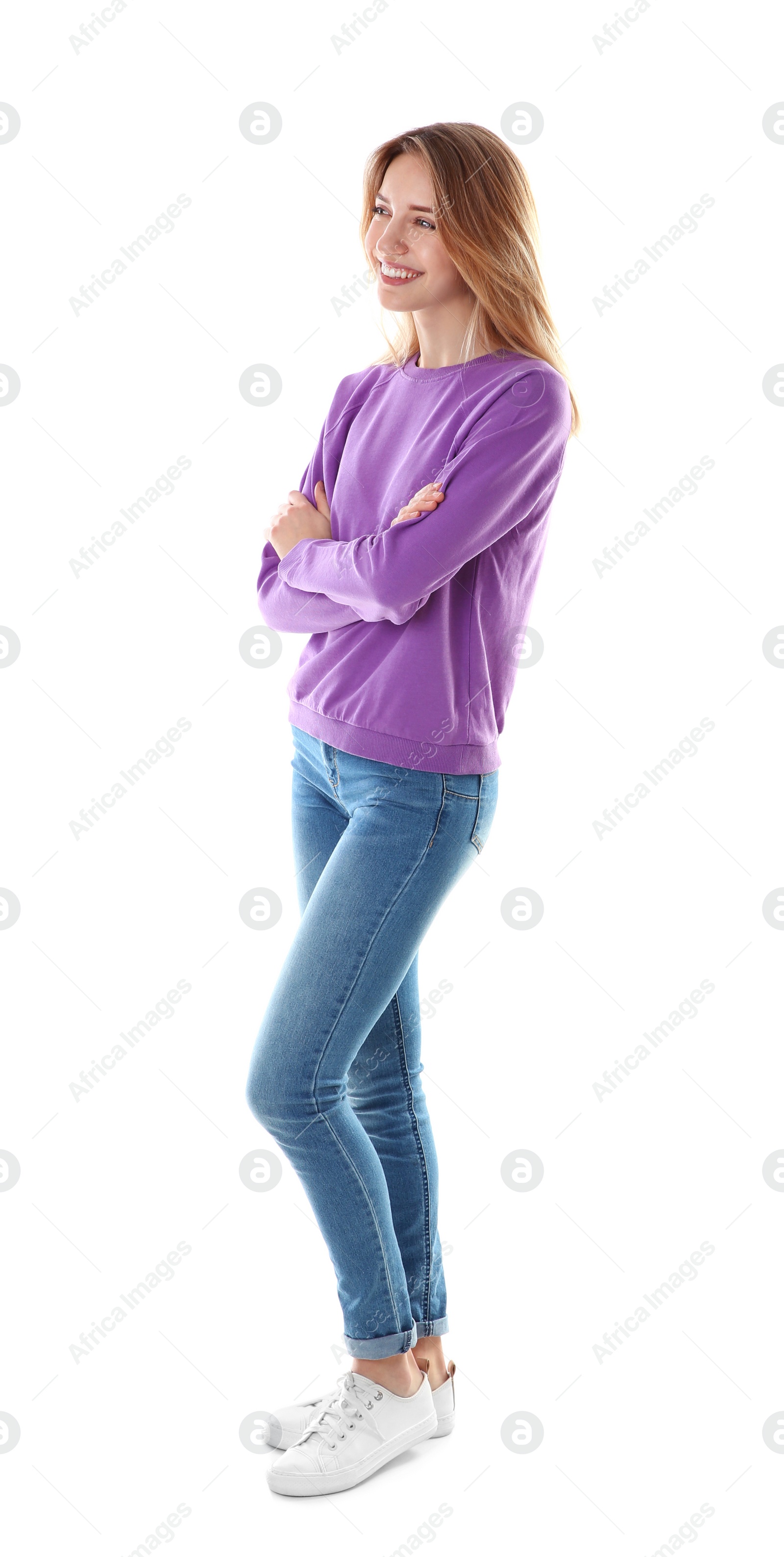 Photo of Full length portrait of pretty woman on white background