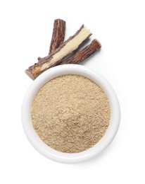 Photo of Powder in bowl and dried sticks of liquorice root on white background, top view
