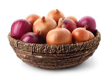 Basket full of onion bulbs isolated on white