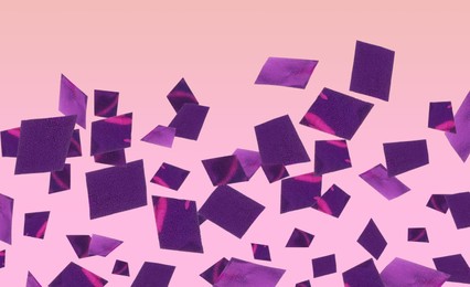 Image of Shiny purple confetti falling on gradient pink background. Banner design
