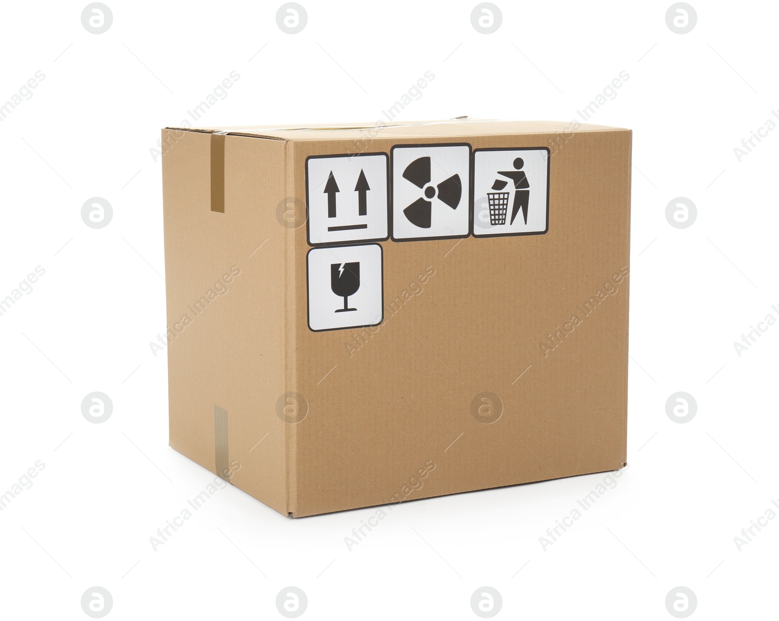 Photo of Cardboard box with different packaging symbols isolated on white. Parcel delivery