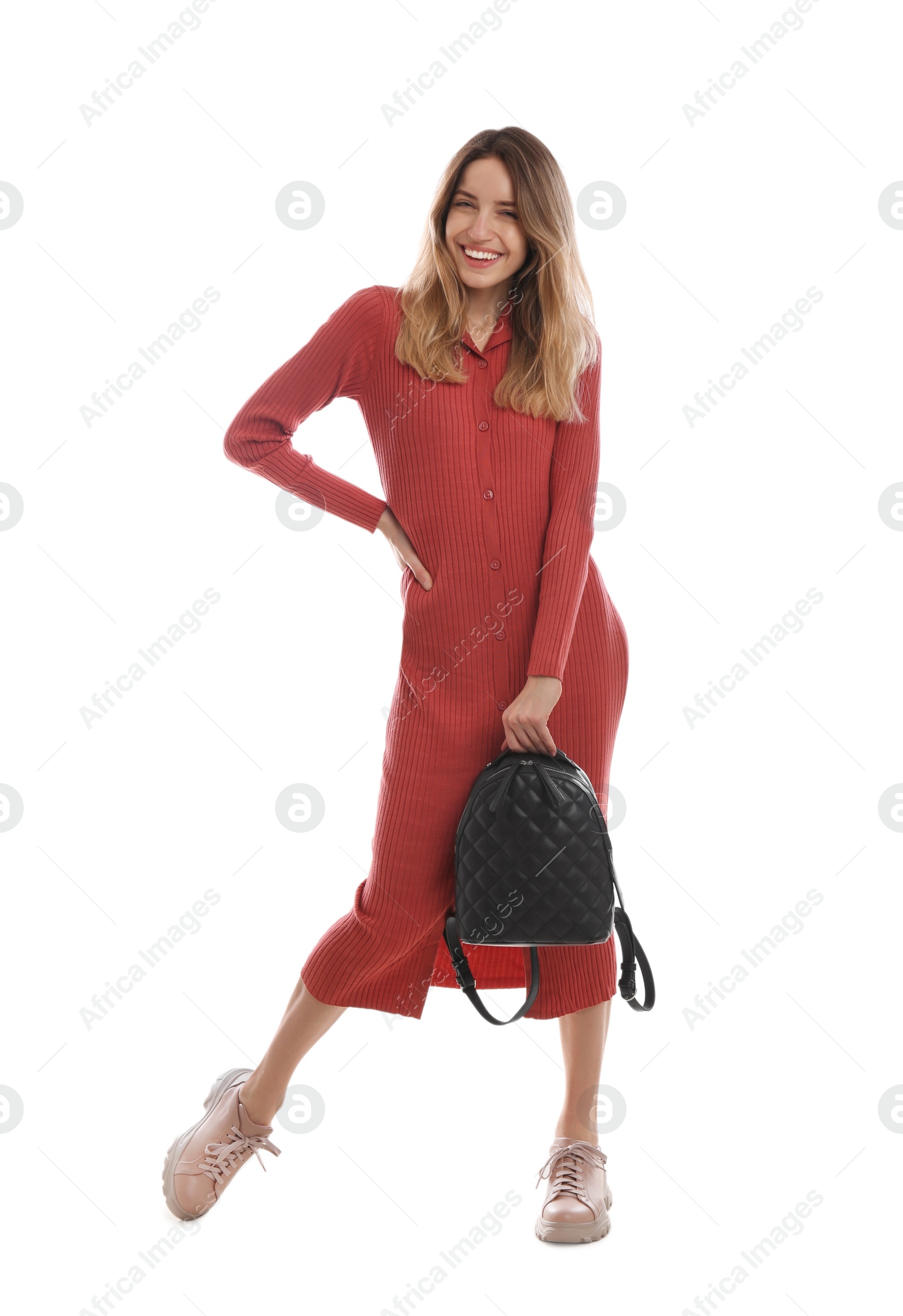 Photo of Happy woman with backpack on white background