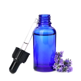 Photo of Bottle with natural lavender oil, flowers and dropper on white background