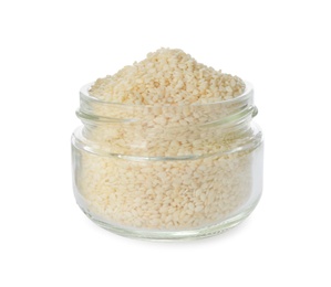Photo of Glass jar with sesame seeds on white background