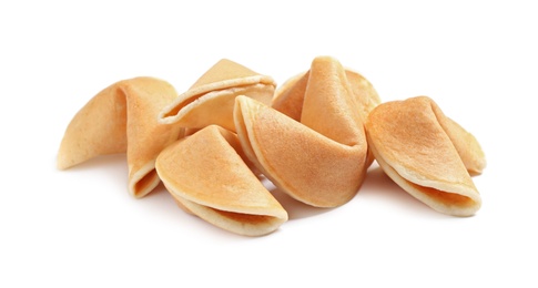 Photo of Tasty traditional fortune cookies on white background