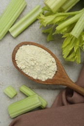 Photo of Natural celery powder in wooden spoon and fresh stalks on grey table, flat lay