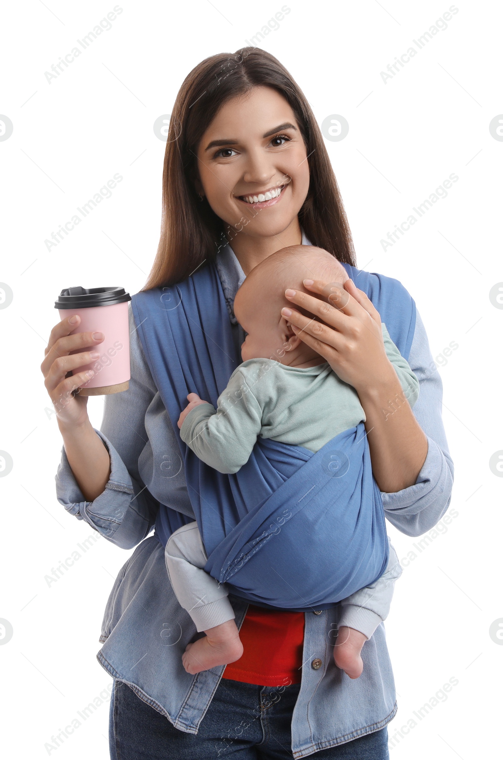 Photo of Mother with hot drink holding her child in sling (baby carrier) on white background