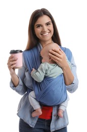 Photo of Mother with hot drink holding her child in sling (baby carrier) on white background