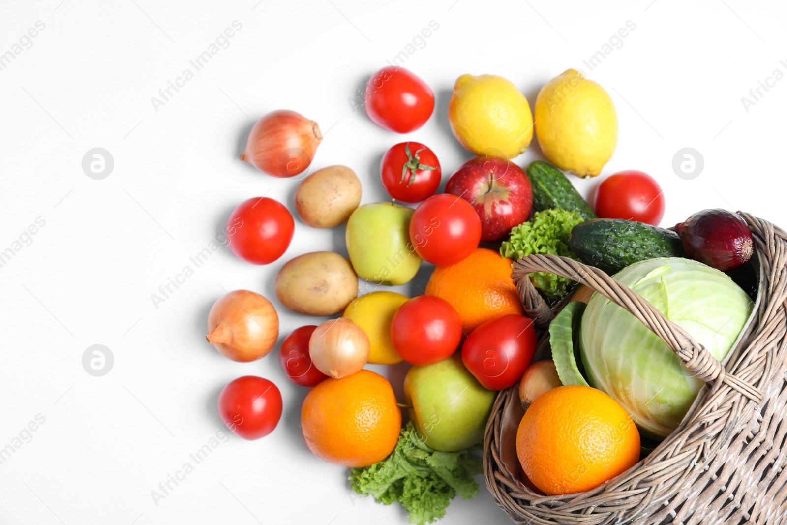 Photo of Creative composition with fresh vegetables and fruits on white background, top view