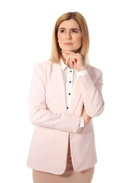 Photo of Portrait of pensive businesswoman on white background