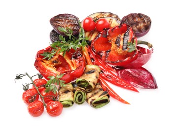 Different delicious grilled vegetables isolated on white