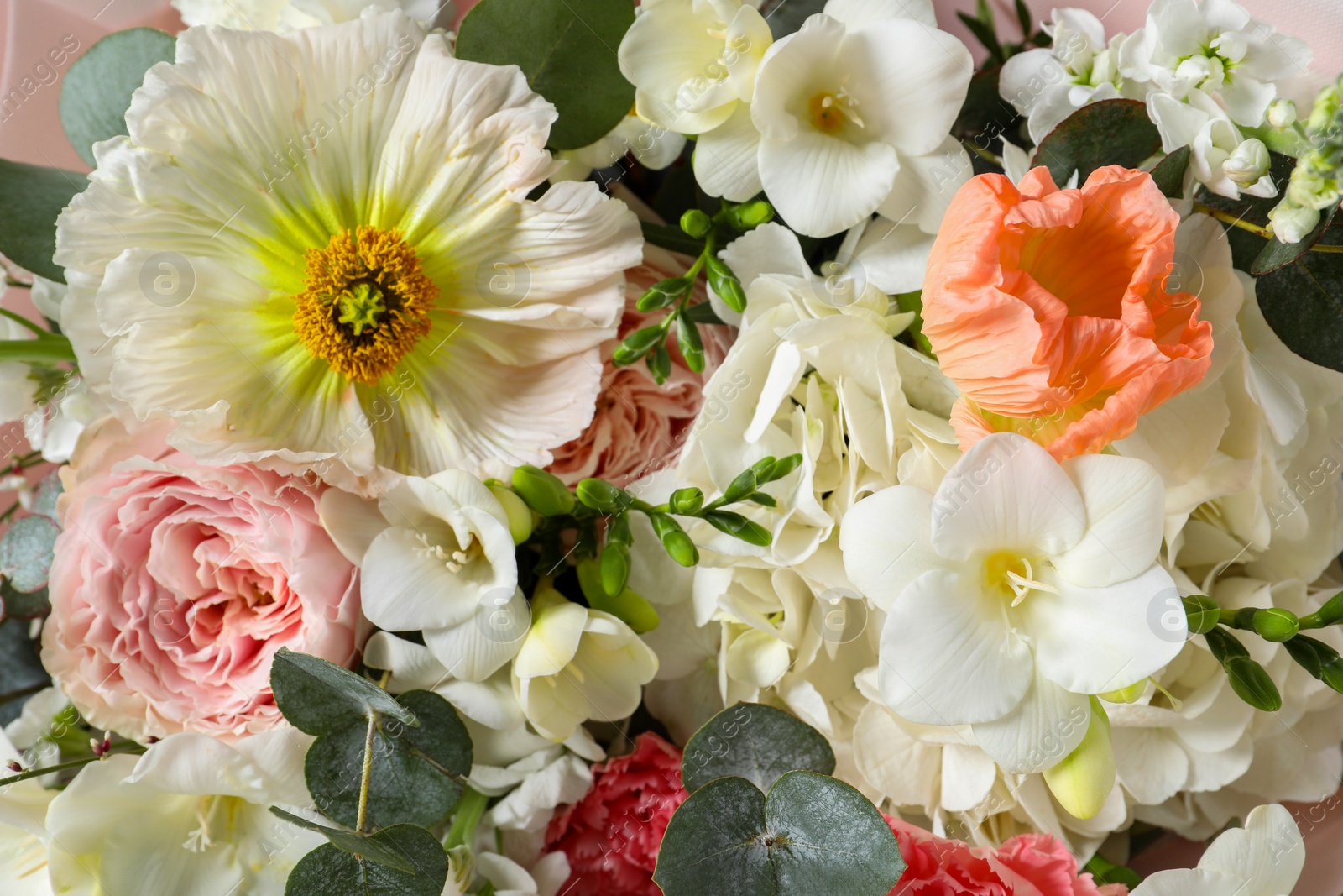 Photo of Bouquet of beautiful flowers as background, closeup