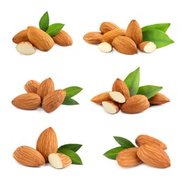 Set with tasty almond nuts on white background 