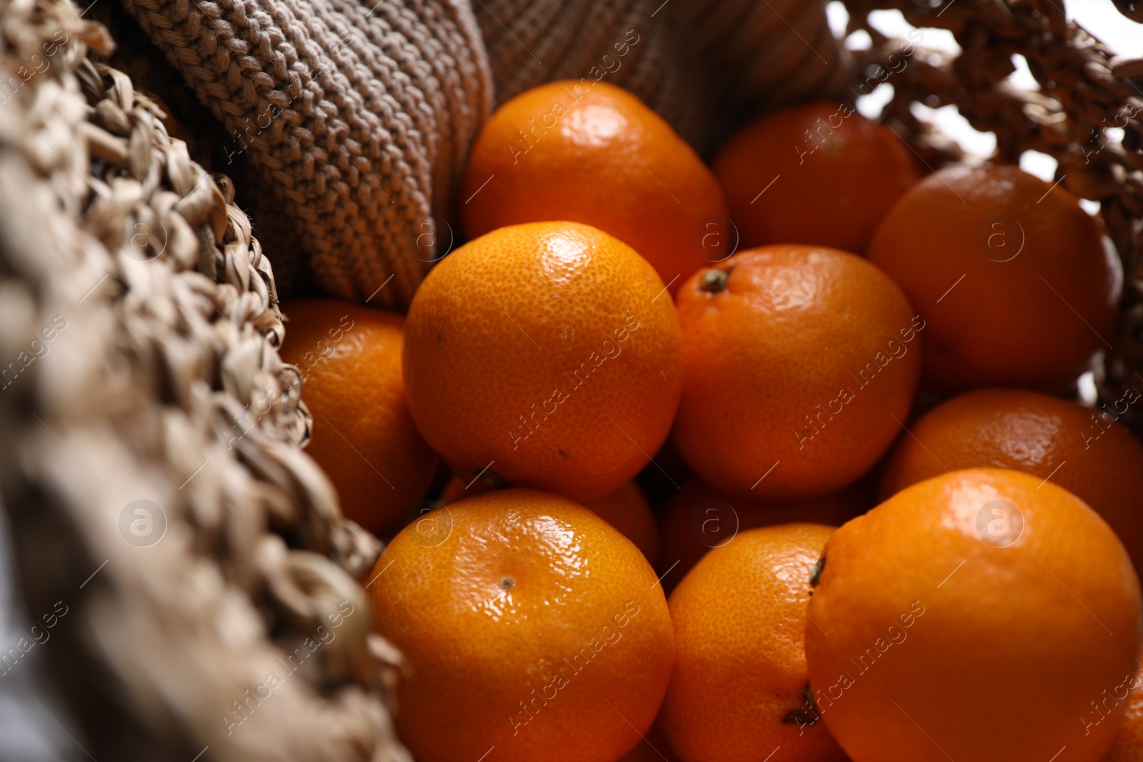 Photo of Net bag with many fresh ripe tangerines, closeup