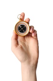 Photo of Woman holding compass on white background, closeup