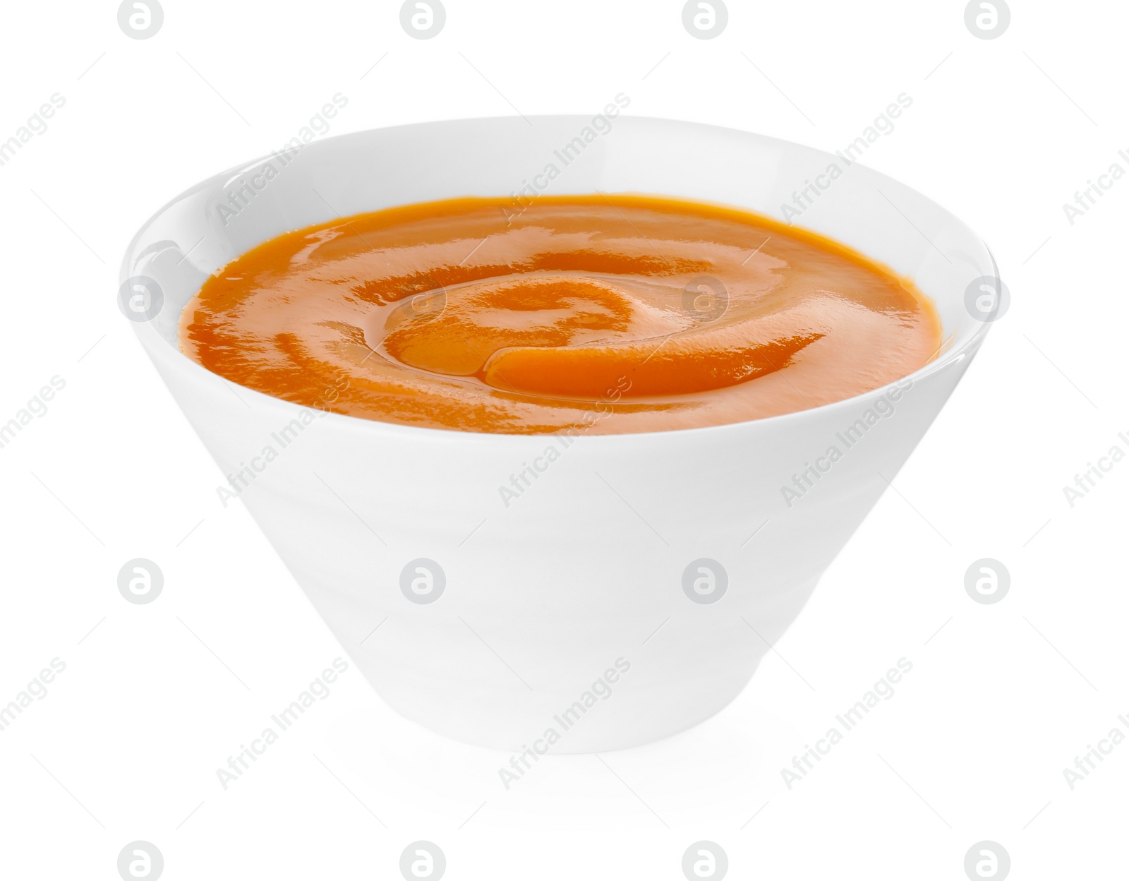 Photo of Delicious persimmon jam in bowl isolated on white