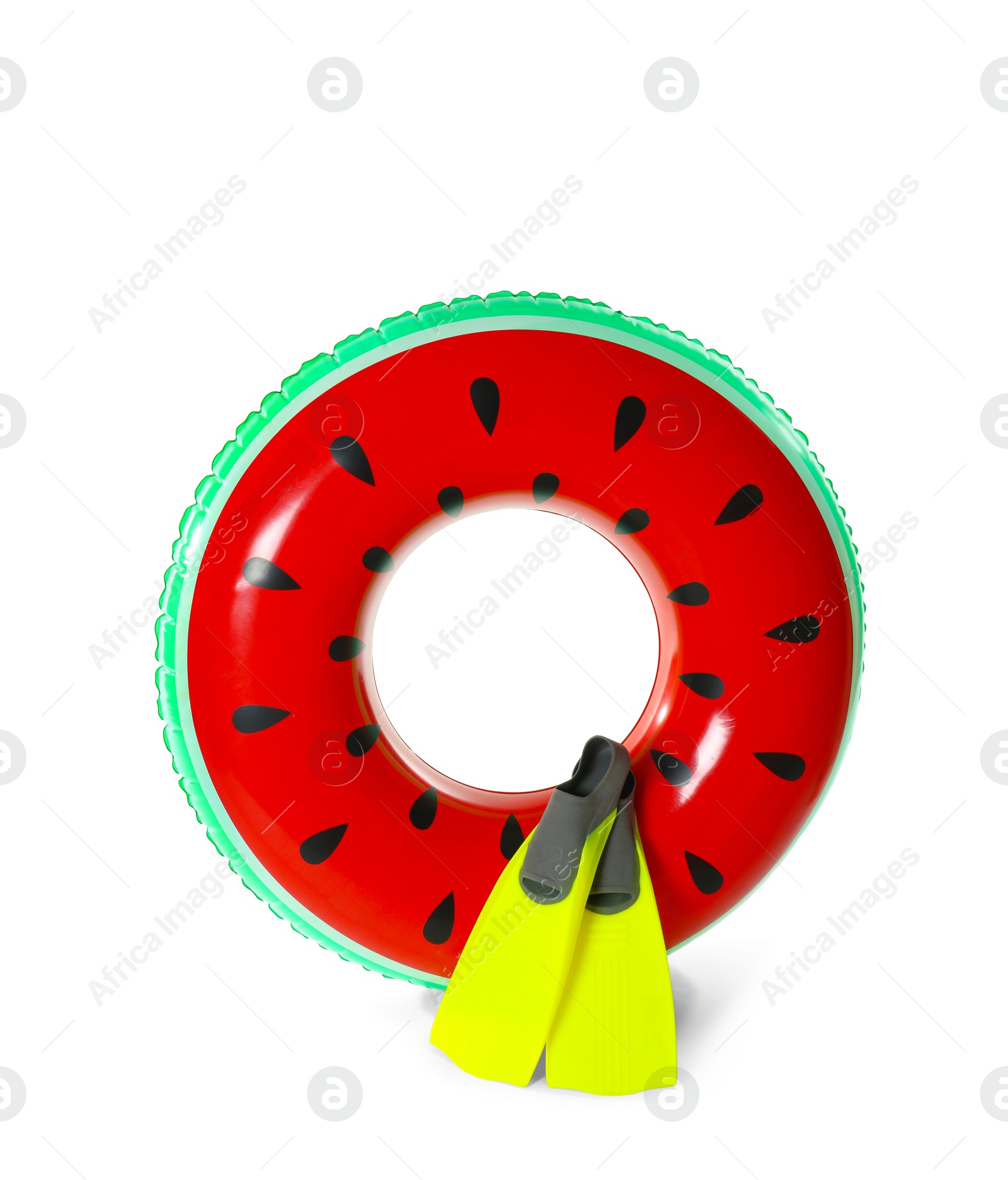 Photo of Inflatable ring and flippers on white background. Summer holidays