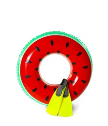 Photo of Inflatable ring and flippers on white background. Summer holidays